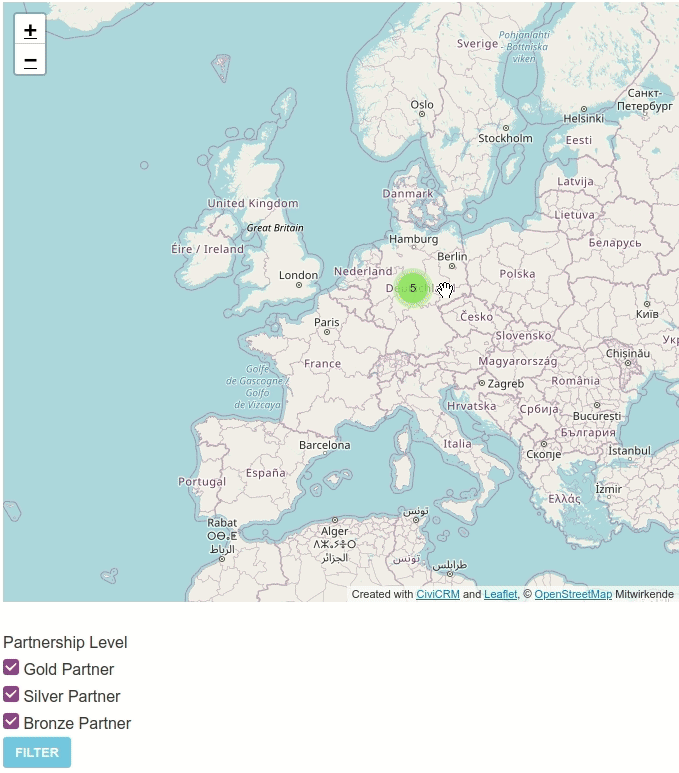 Animated gif: example for Leaflet Map CiviCRM integration showing CiviCRM partners in Germany