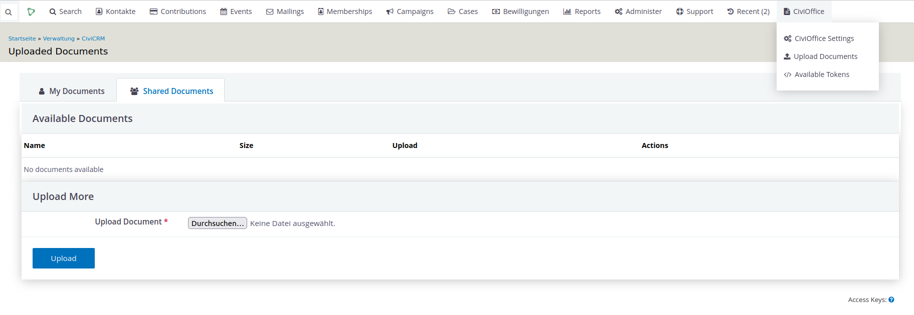 Screenshot of CiviOffice navigation links and uploaded documents page